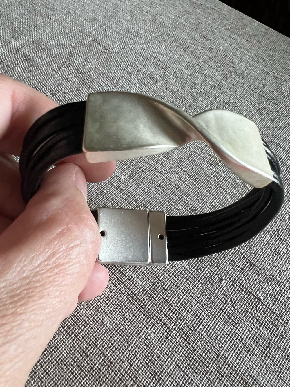 Silver Tone Multi Strand Bracelet Black Faux Leather Statement Twist Magnetic